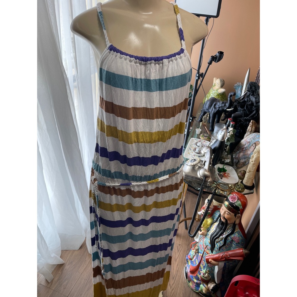 Design History Striped Maxi Dress L Braided Rope Tie Waist Knotted Racerback